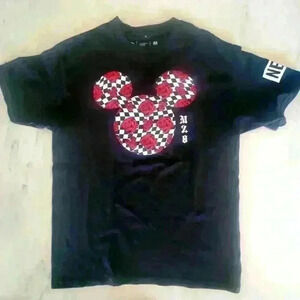 Neff Disney Mickey Mouse Checkerboard Roses Ears Logo Black T-Shirt Size Medium